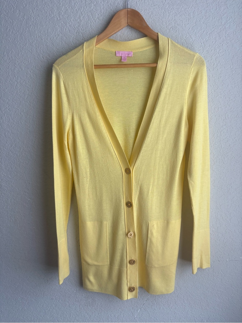 Lilly Pulitzer Yellow Longline Cardigan Sweater Gold Logo Buttons Size Medium